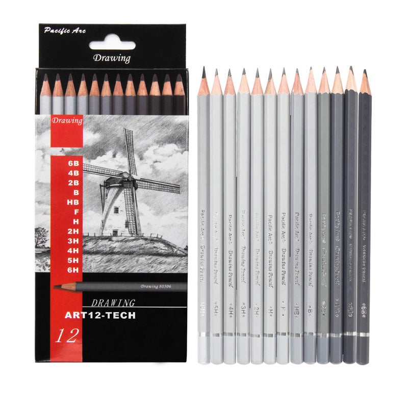 Pacific Arc Premium Graphite Drawing Pencils for Artists, Tech Pack - Professional Pencils for Drawing, Drafting, Sketching and Shading 12 Pk. - Great Non Toxic Art Supplies Set - Image 1